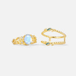 Oval Cut Moonstone Moss Agate Leaf Vine Bridal Ring Set - White-Gold