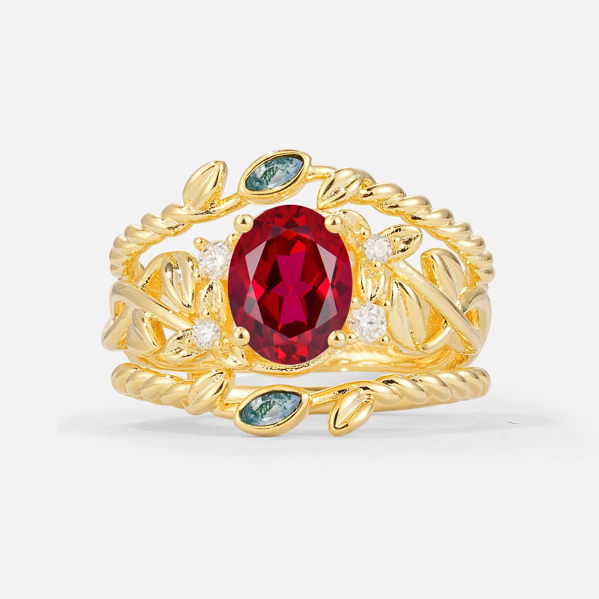 Oval Cut Ruby Moss Agate Leaf Vine Bridal Ring Set - Yellow-Gold
