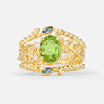 Oval Cut Peridot Moss Agate Leaf Vine Bridal Ring Set - Yellow-Gold