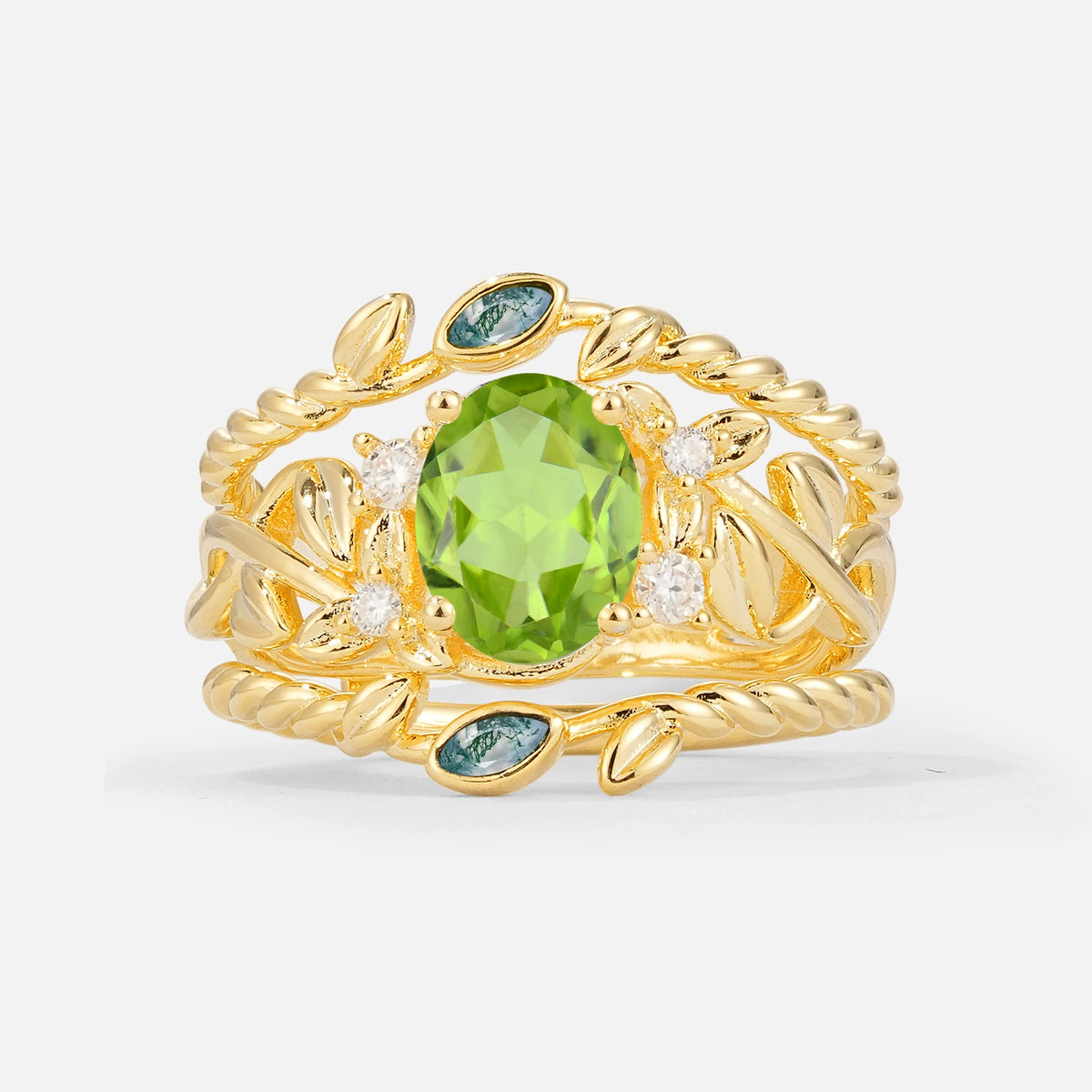 Oval Cut Peridot Moss Agate Leaf Vine Bridal Ring Set - Yellow-Gold