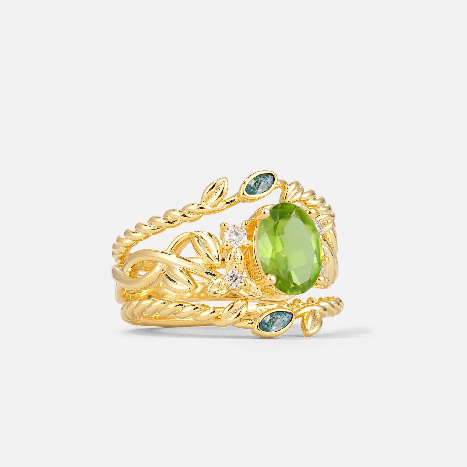 Oval Cut Peridot Moss Agate Leaf Vine Bridal Ring Set - Rose-Gold