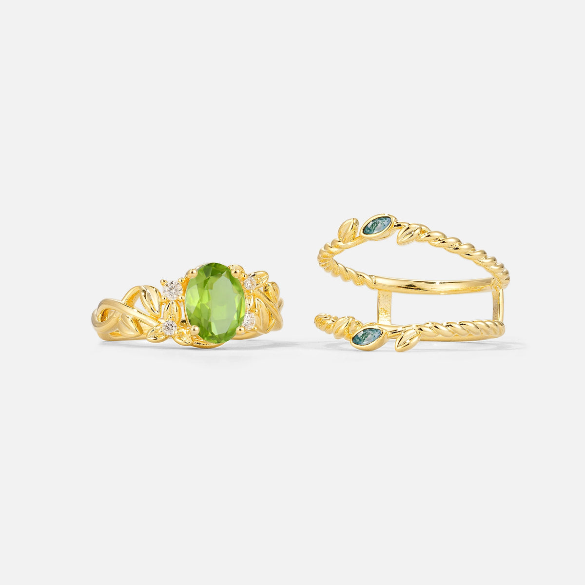 Oval Cut Peridot Moss Agate Leaf Vine Bridal Ring Set - White-Gold
