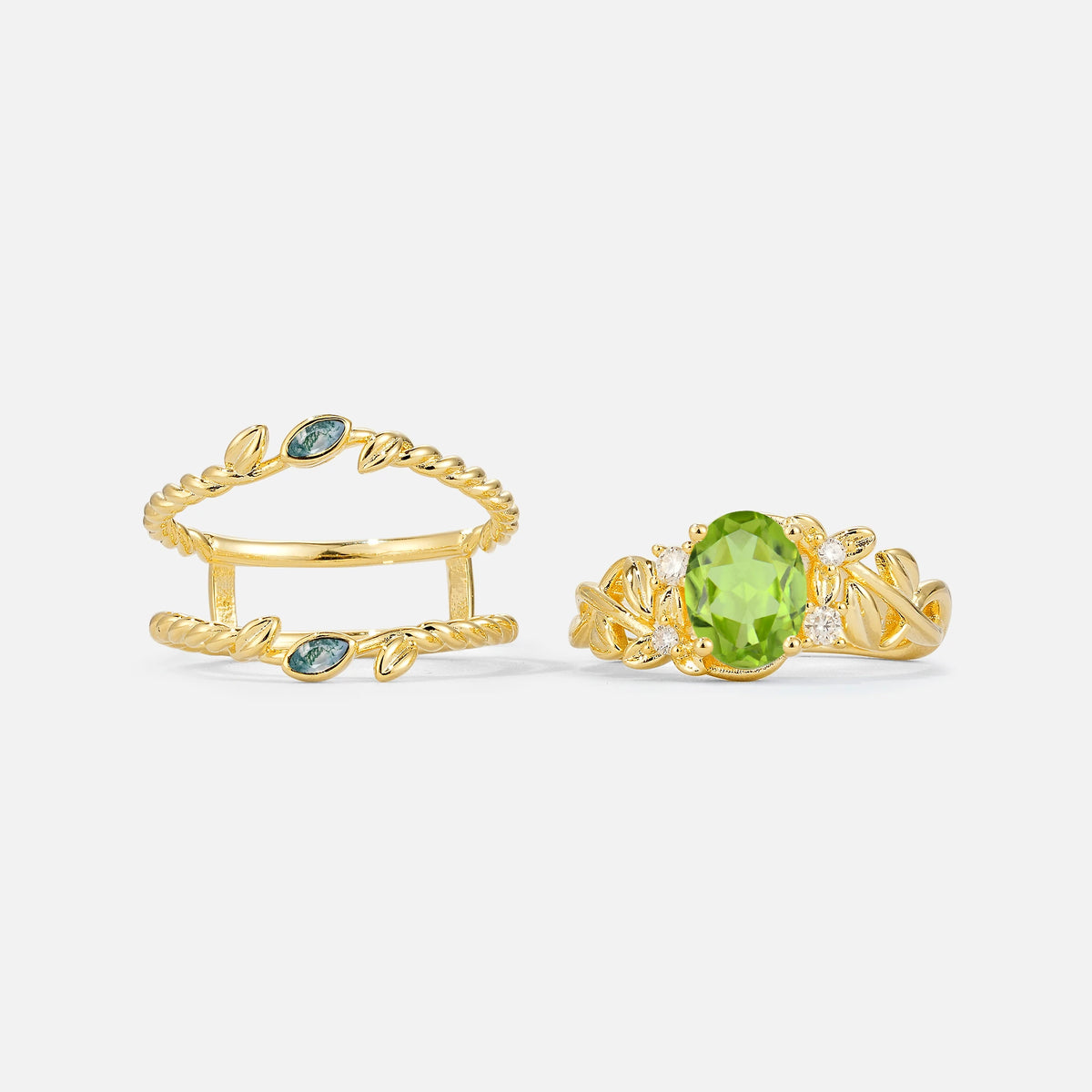 Oval Cut Peridot Moss Agate Leaf Vine Bridal Ring Set - Additional view