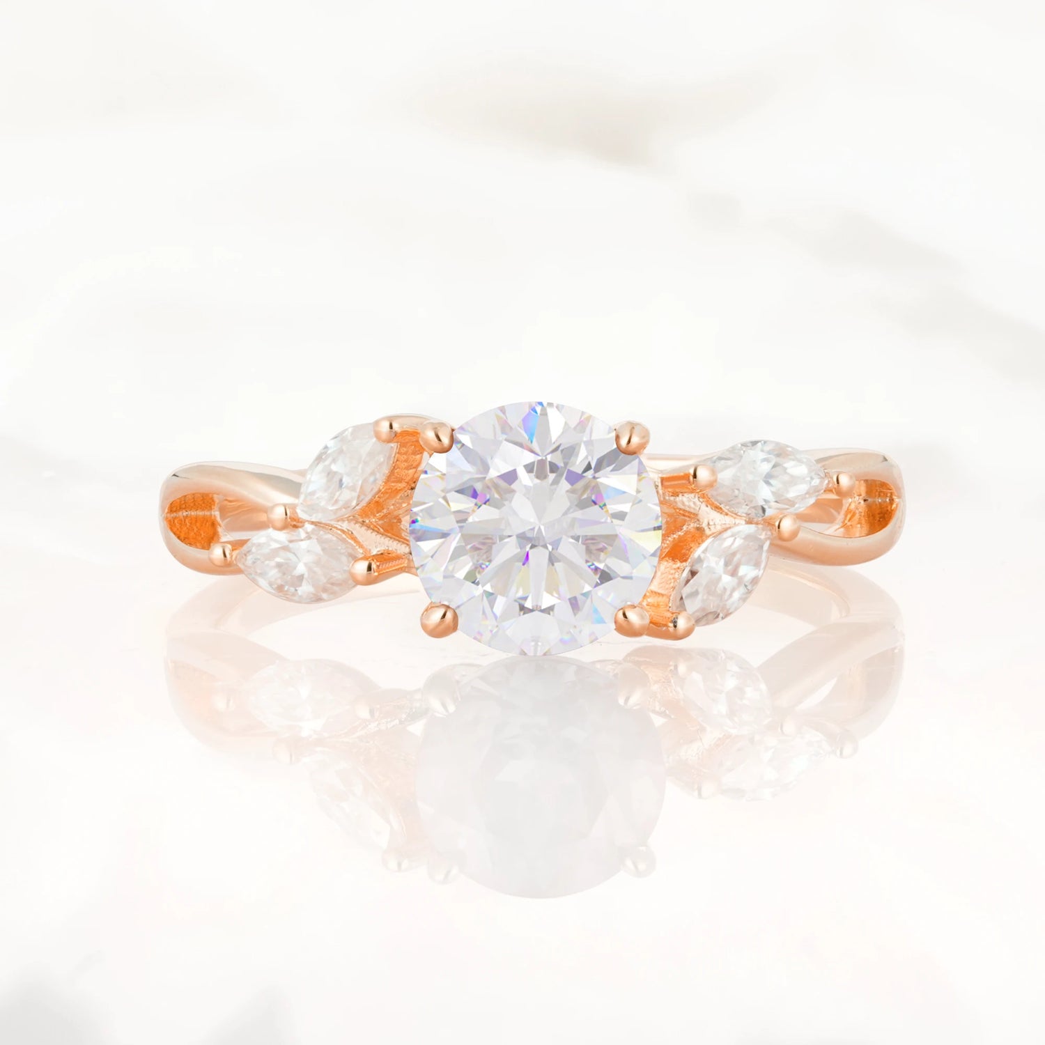 Twisted Band Round Cut Moissanite Wedding Ring with Marquise Accent