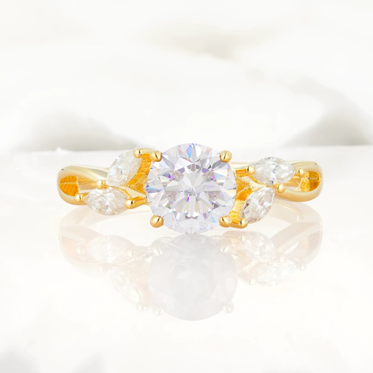 Twisted Band Round Cut Moissanite Engagement Ring with Marquise Accent