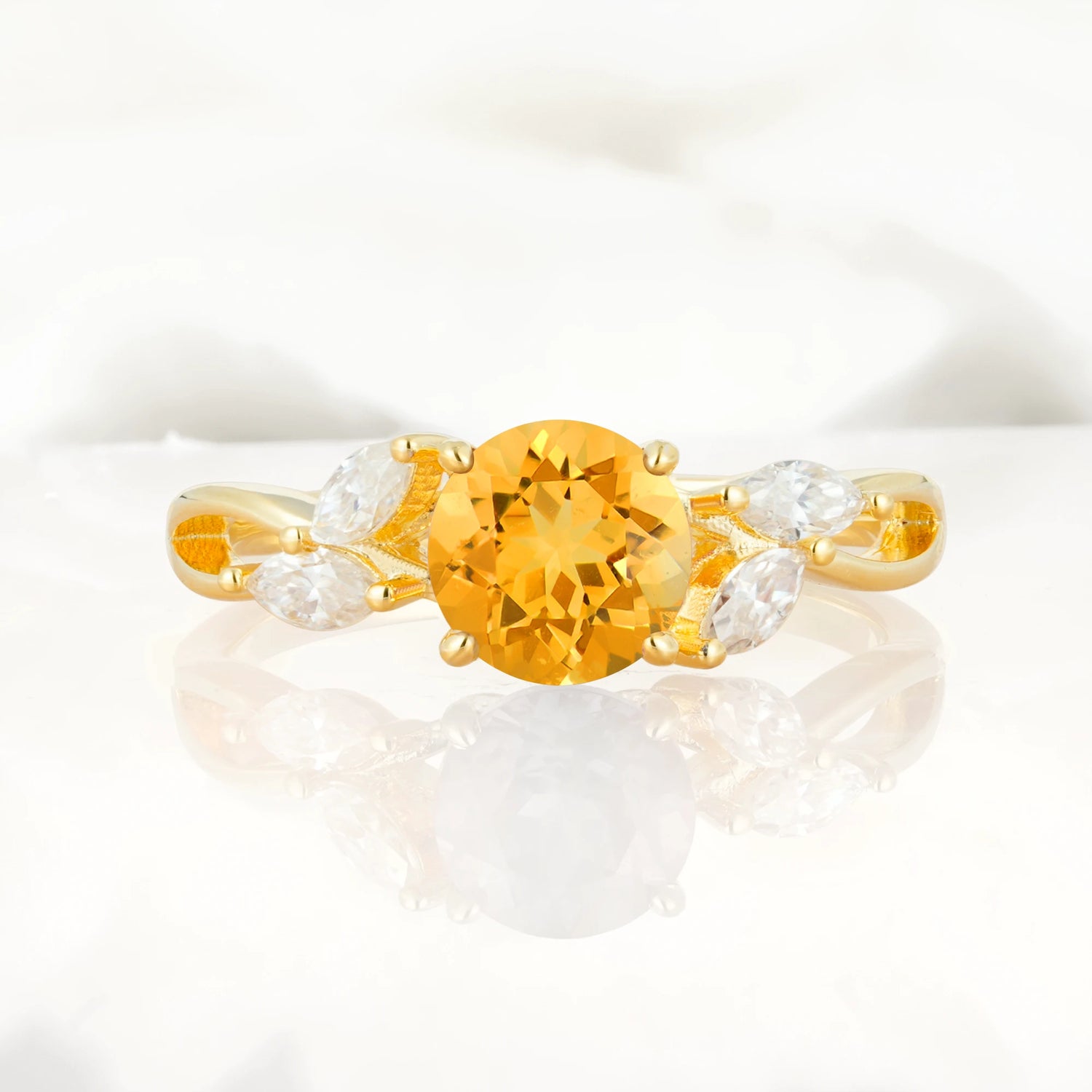 Twisted Band Round Cut Citrine Engagement Ring with Marquise Accent