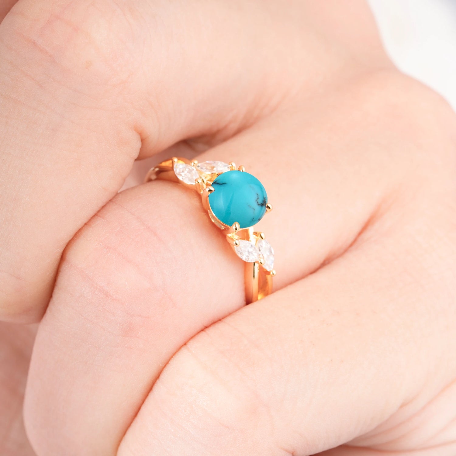 Twisted Band Round Cut Turquoise Engagement Ring with Marquise Accent