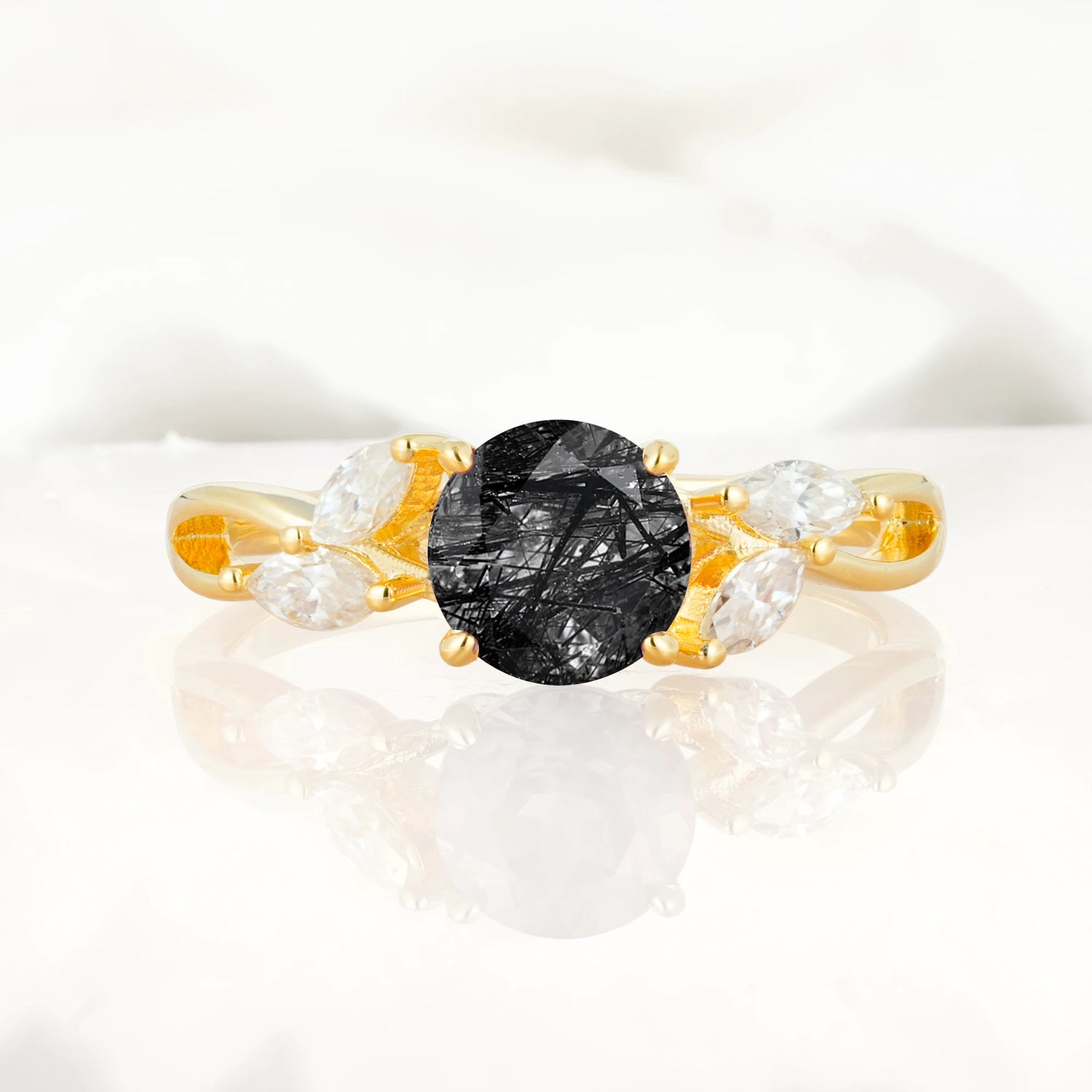 Twisted Band Round Cut Black Rutilated Quartz Engagement Ring with Marquise Accent