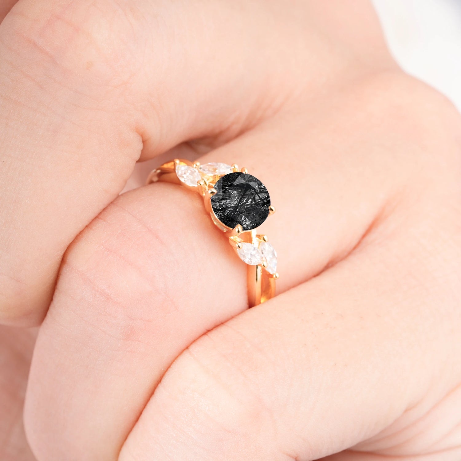 Twisted Band Round Cut Black Rutilated Quartz Engagement Ring with Marquise Accent