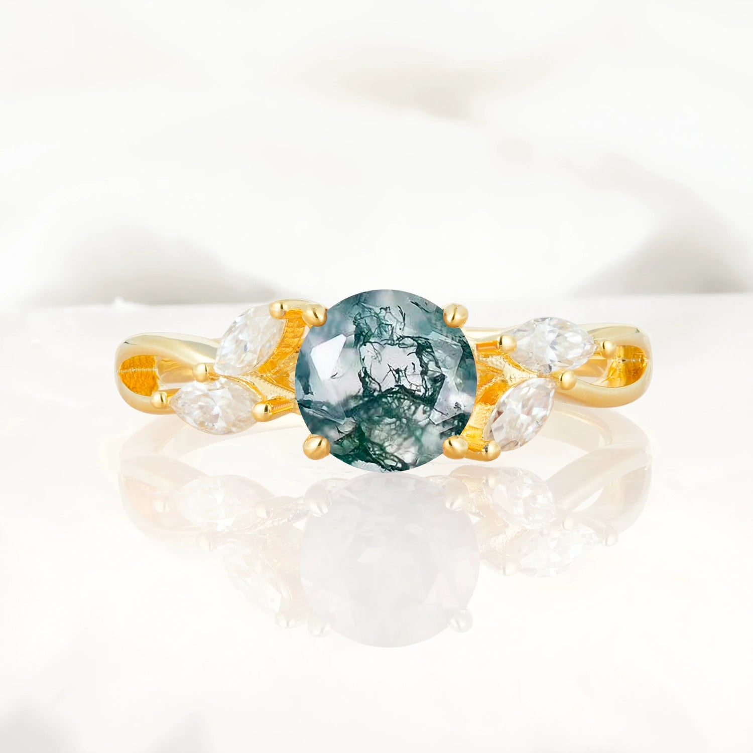 Twisted Band Round Cut Moss Agate Engagement Ring with Marquise Accent