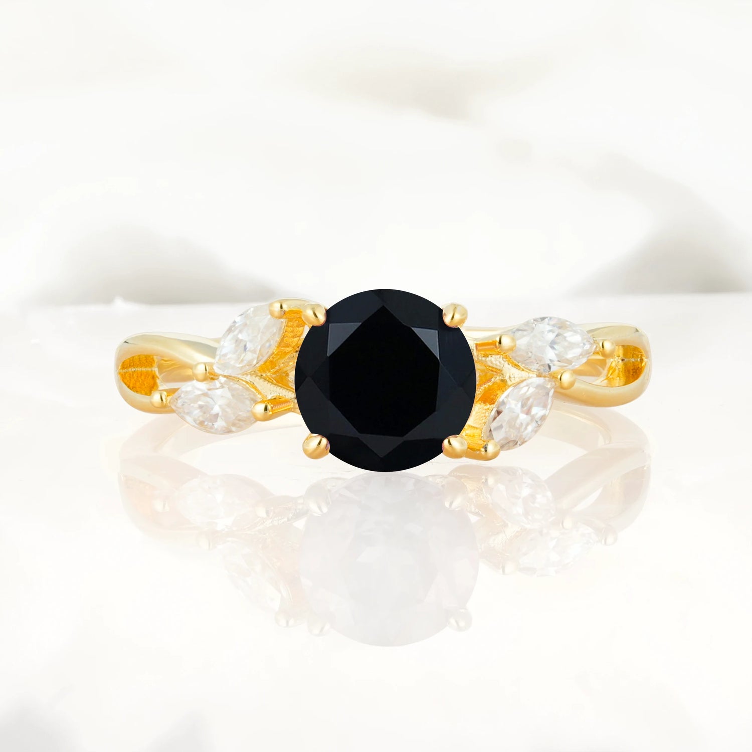 Twisted Band Round Cut Black Onyx Engagement Ring with Marquise Accent