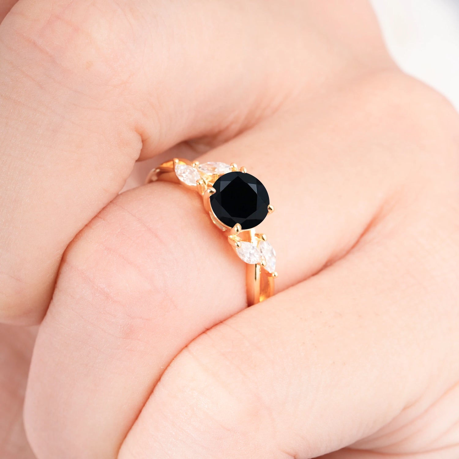 Twisted Band Round Cut Black Onyx Engagement Ring with Marquise Accent