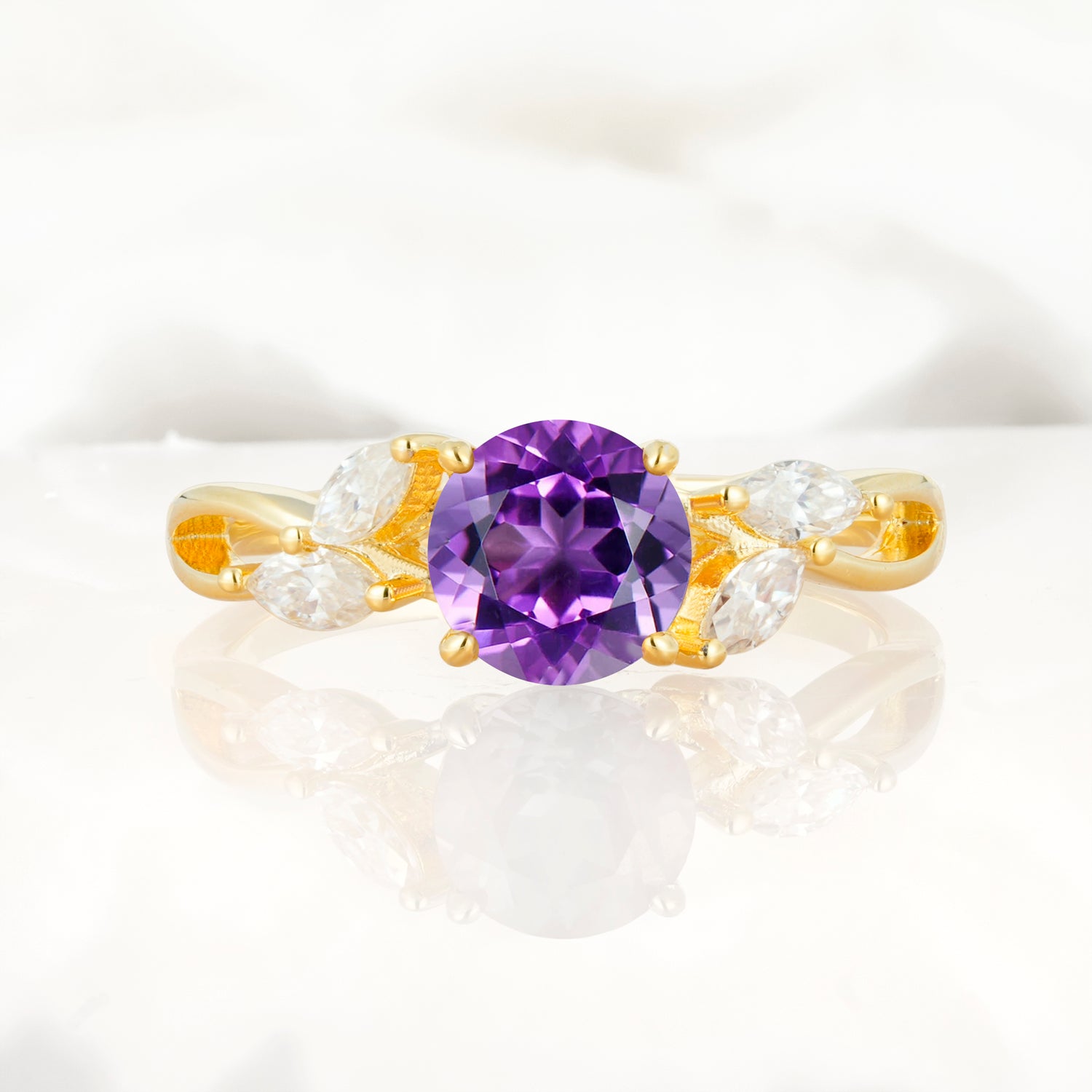 Twisted Band Round Cut Amethyst Engagement Ring with Marquise Accent