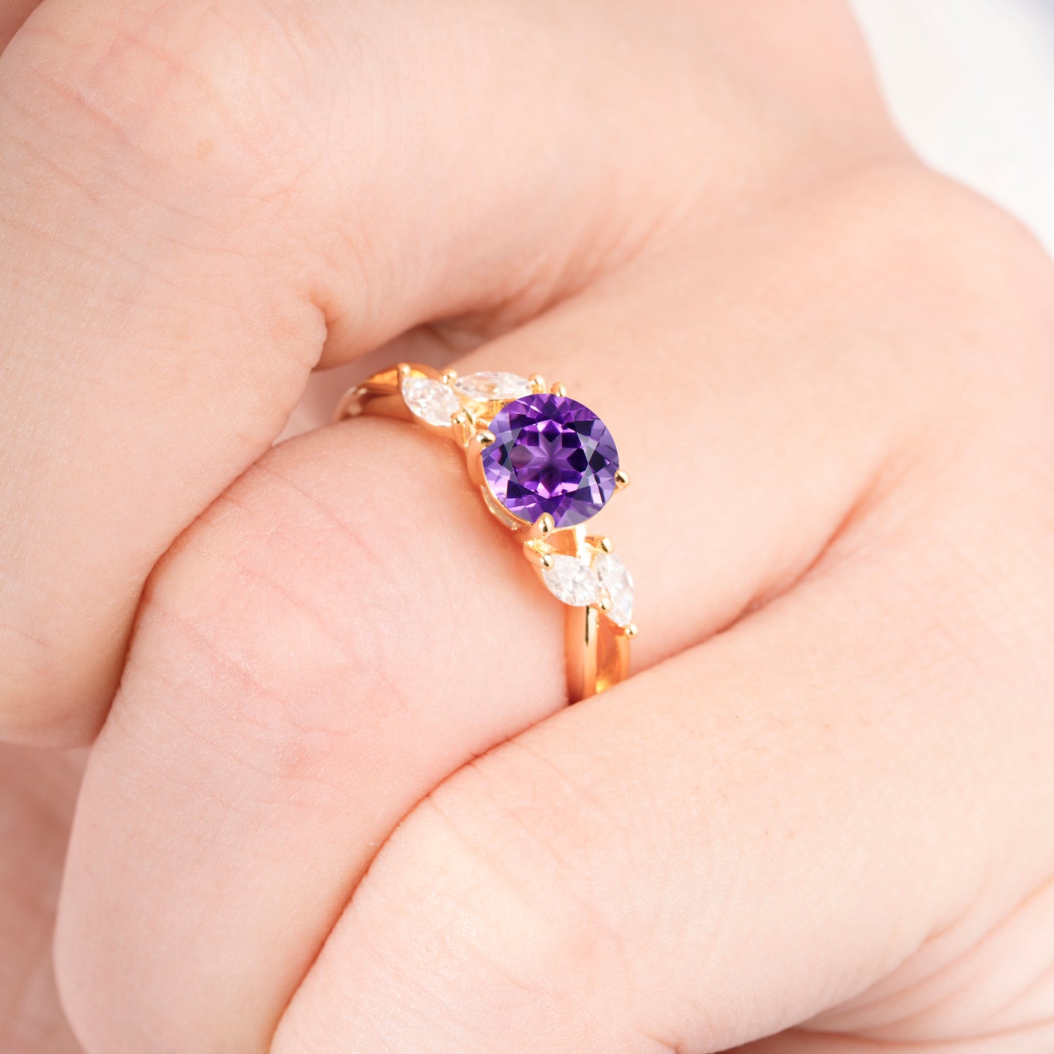 Twisted Band Round Cut Amethyst Engagement Ring with Marquise Accent
