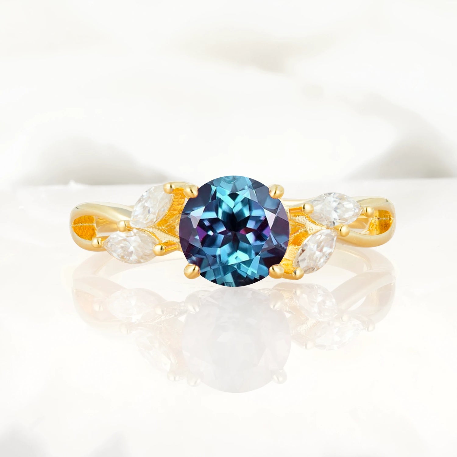 Twisted Band Round Cut Alexandrite Engagement Ring with Marquise Accent