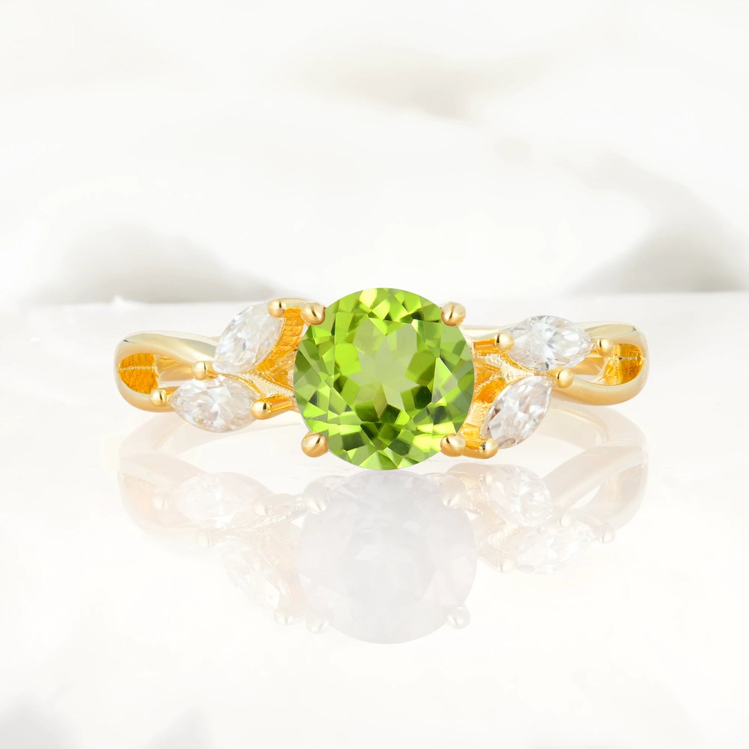 Twisted Band Round Cut Peridot Engagement Ring with Marquise Accent