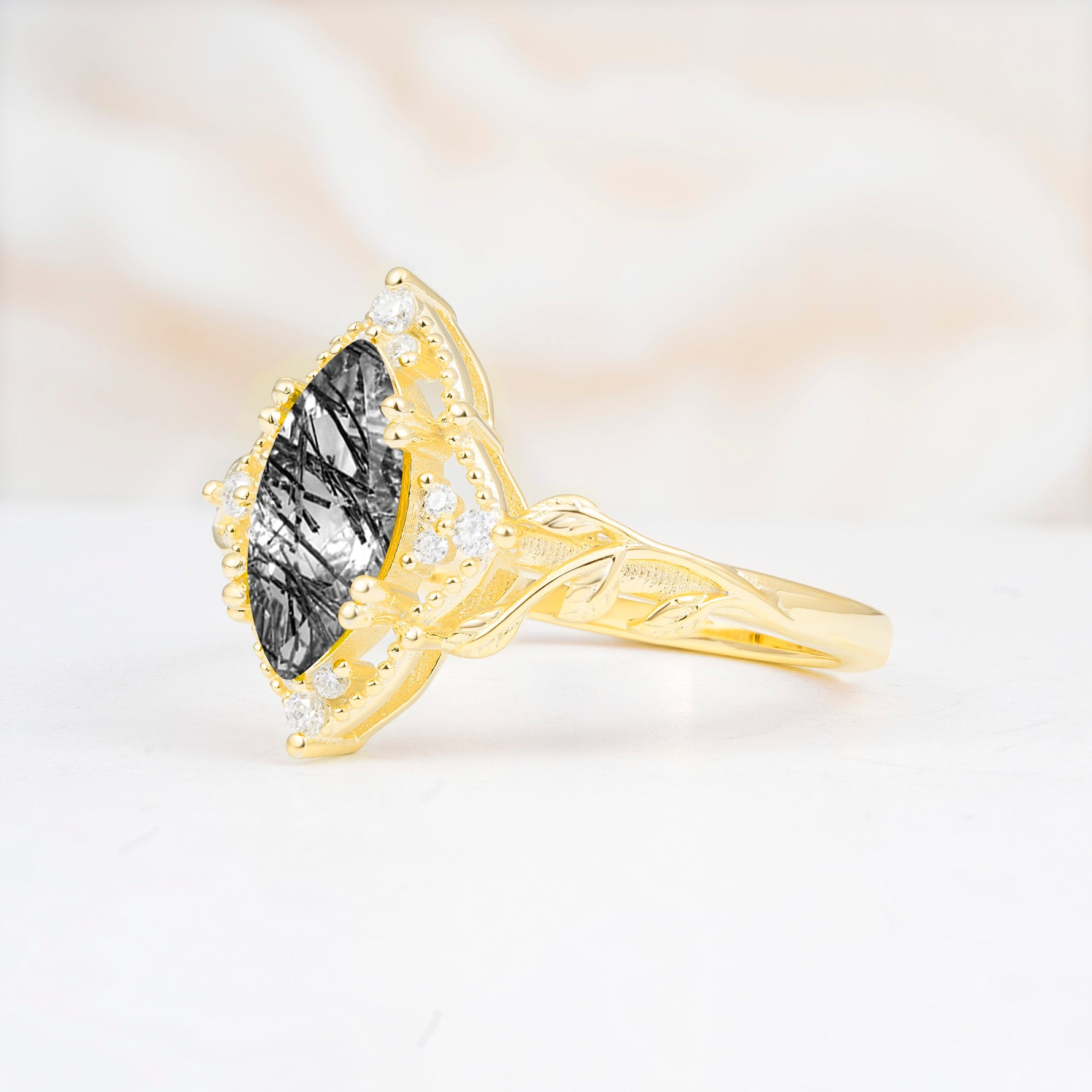 SR17577 Black Rutilated Quartz Ring - White-Gold