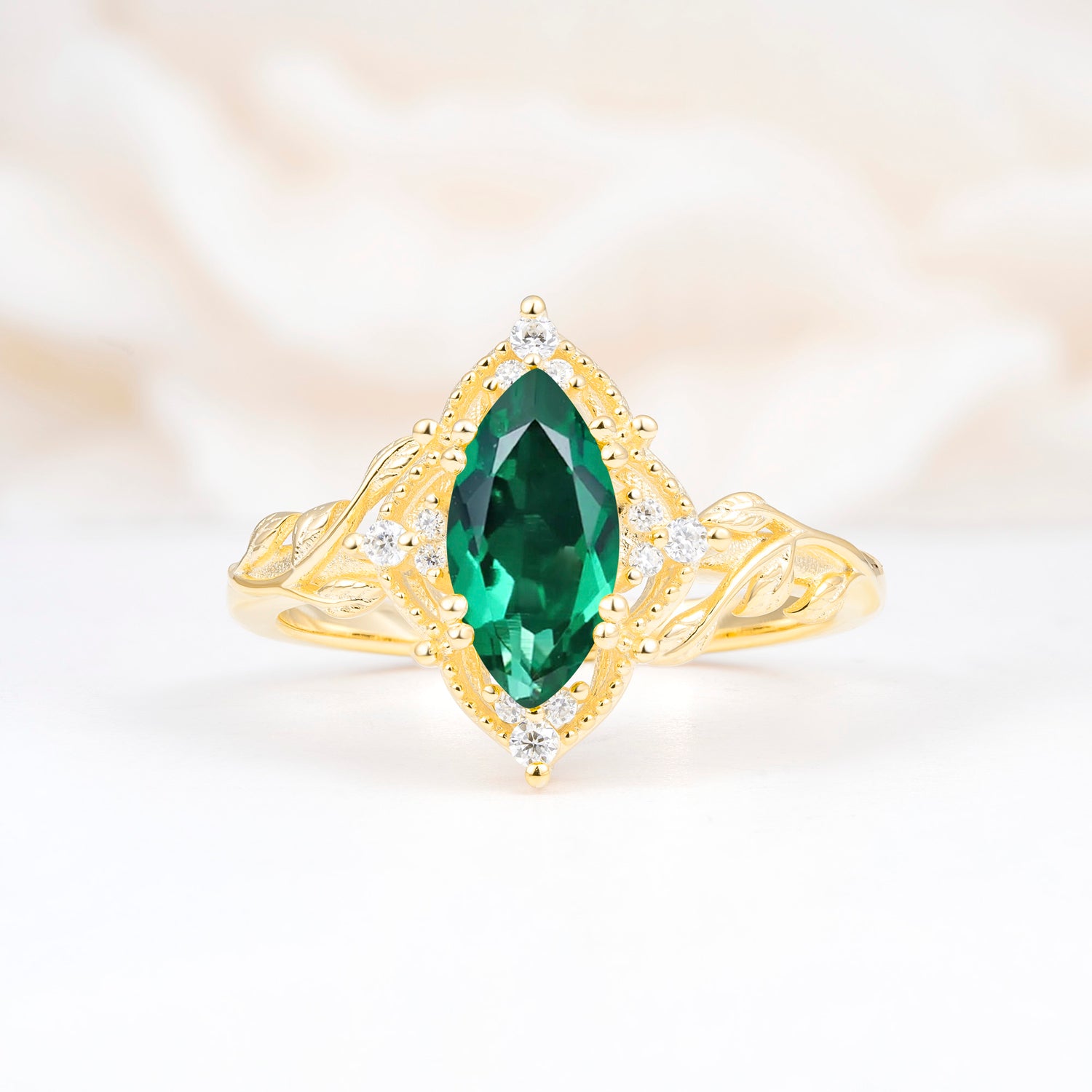 Vintage 6 Prong Marquise Cut Emerald Leaf Engagement Ring