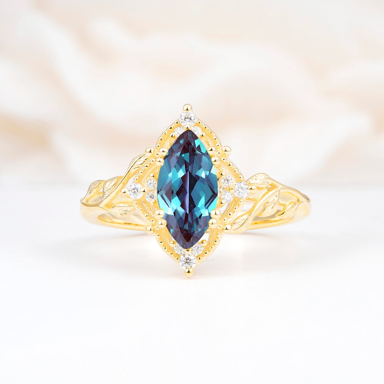 Vintage 6 Prong Marquise Cut Alexandrite Leaf Engagement Ring