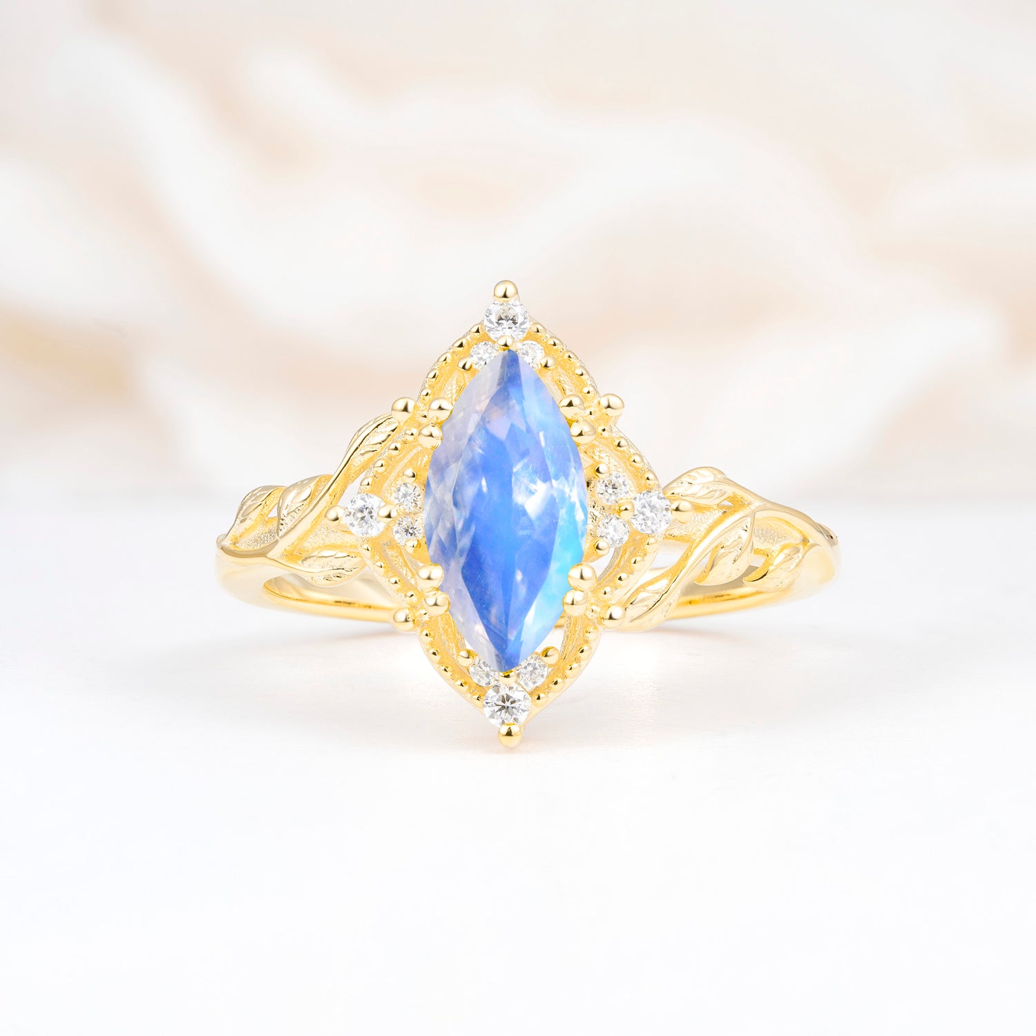 Vintage 6 Prong Marquise Cut Moonstone Leaf Engagement Ring