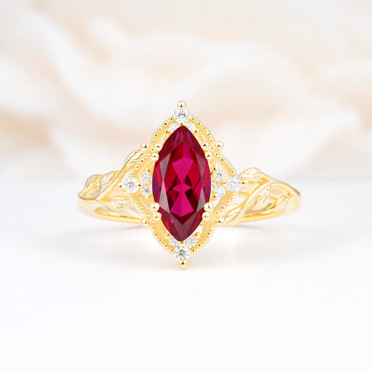 Vintage 6 Prong Marquise Cut Ruby Leaf Engagement Ring