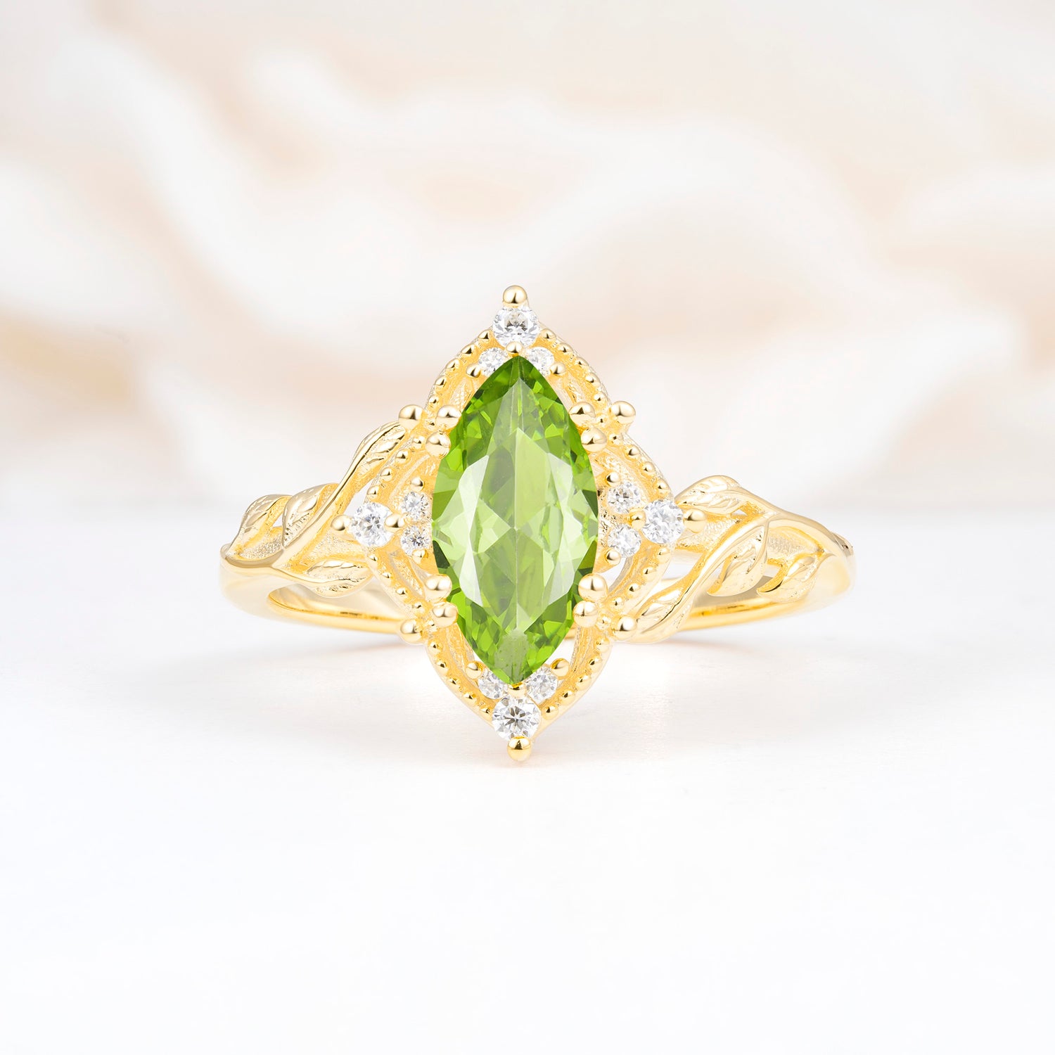 Vintage 6 Prong Marquise Cut Peridot Leaf Engagement Ring