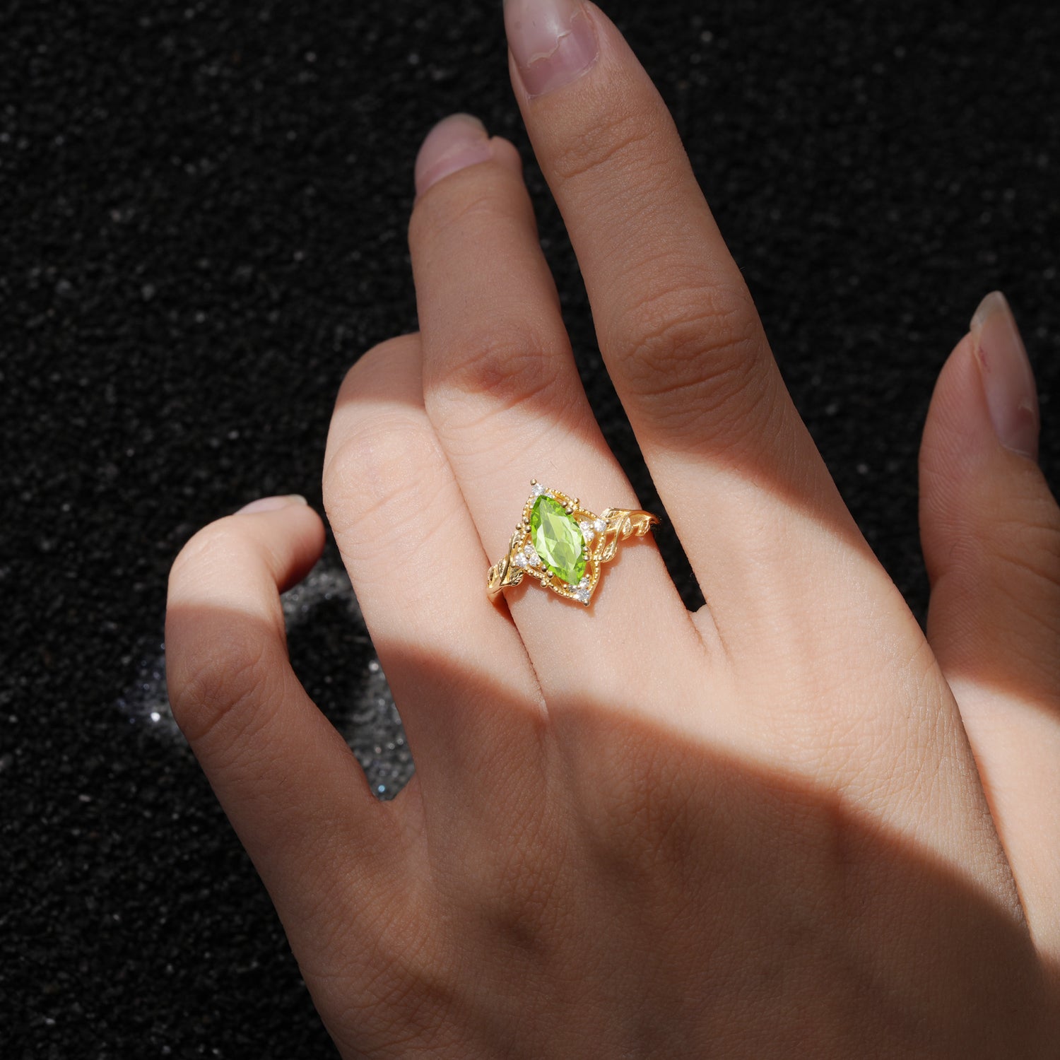 Vintage 6 Prong Marquise Cut Peridot Leaf Engagement Ring