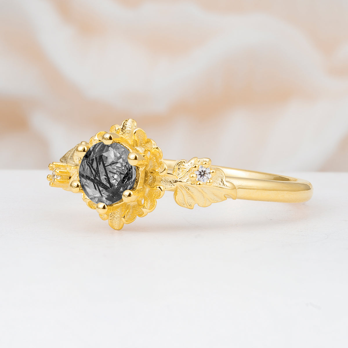 SR17583 Black Rutilated Quartz Ring - White-Gold