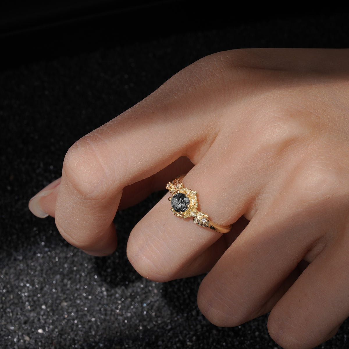 SR17583 Black Rutilated Quartz Ring - Rose-Gold