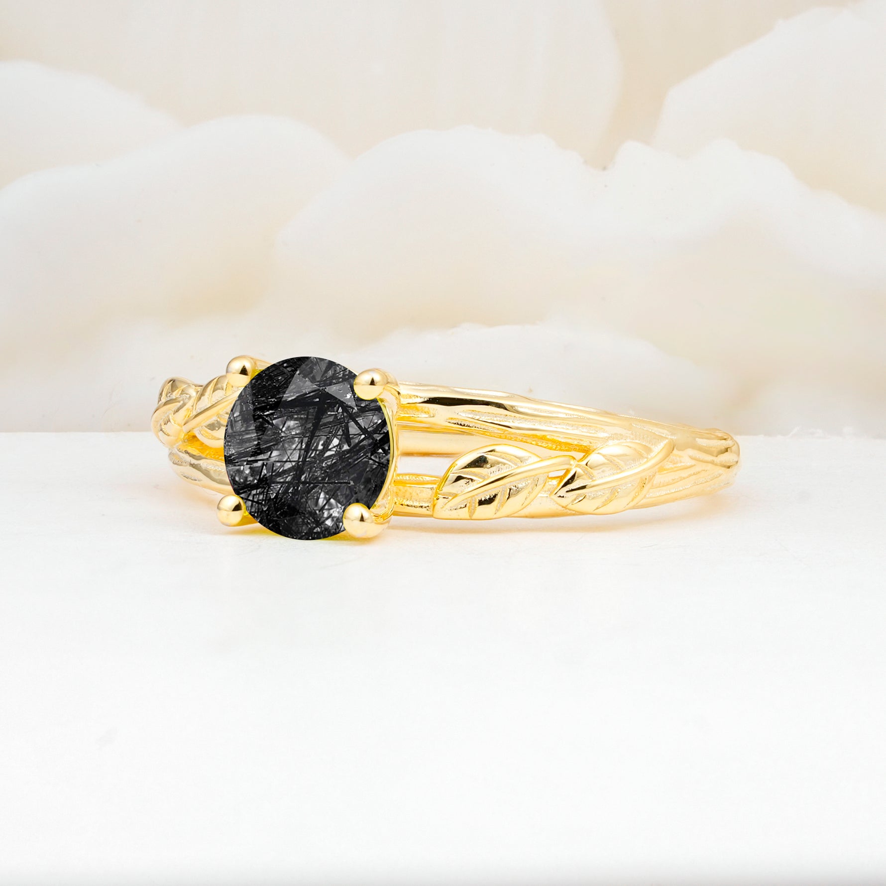 SR17587 Black Rutilated Quartz Ring - White-Gold