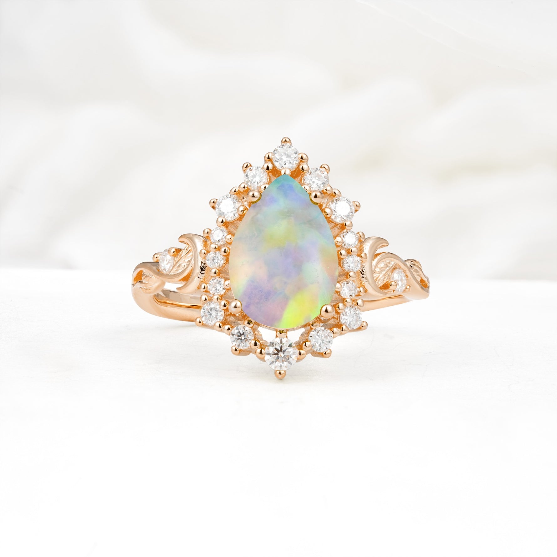 Vintage Pear Cut Halo Ornate Scroll Fire Opal Engagement Ring - Additional view