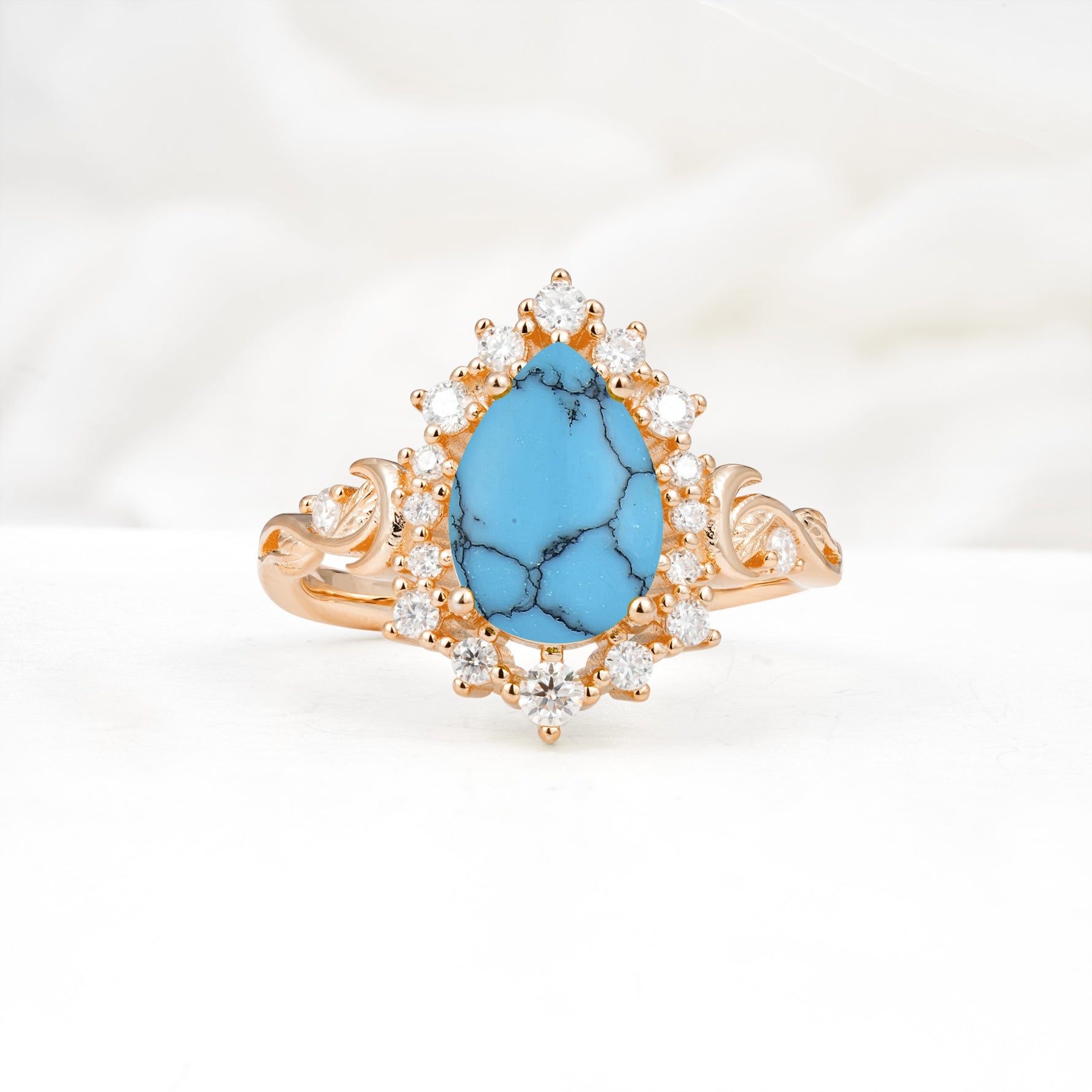 Vintage Pear Cut Halo Ornate Scroll Turquoise Engagement Ring - Additional view
