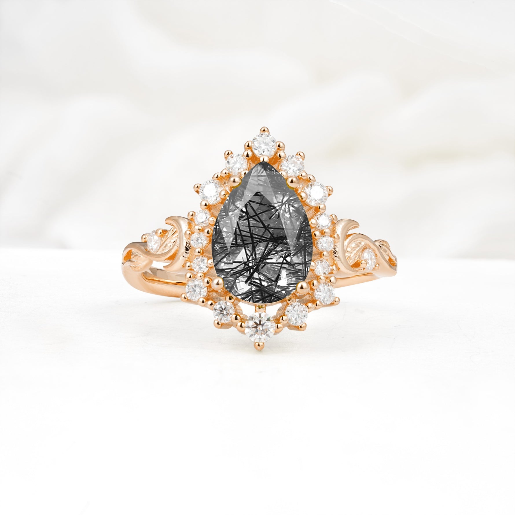 Vintage Pear Cut Halo Ornate Scroll Black Rutilated Quartz Engagement Ring - Additional view
