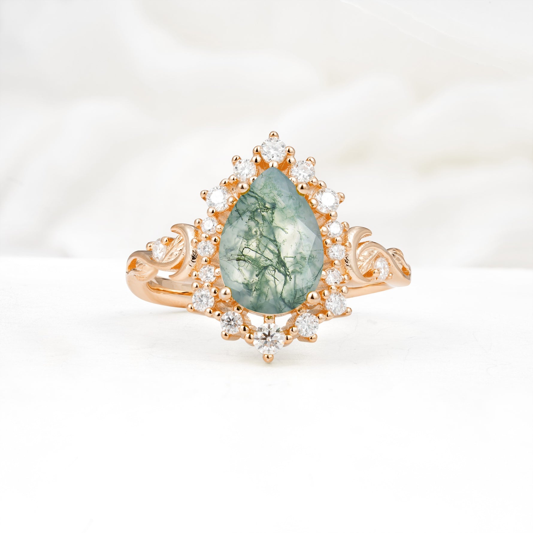 Vintage Pear Cut Halo Ornate Scroll Moss Agate Engagement Ring - Additional view