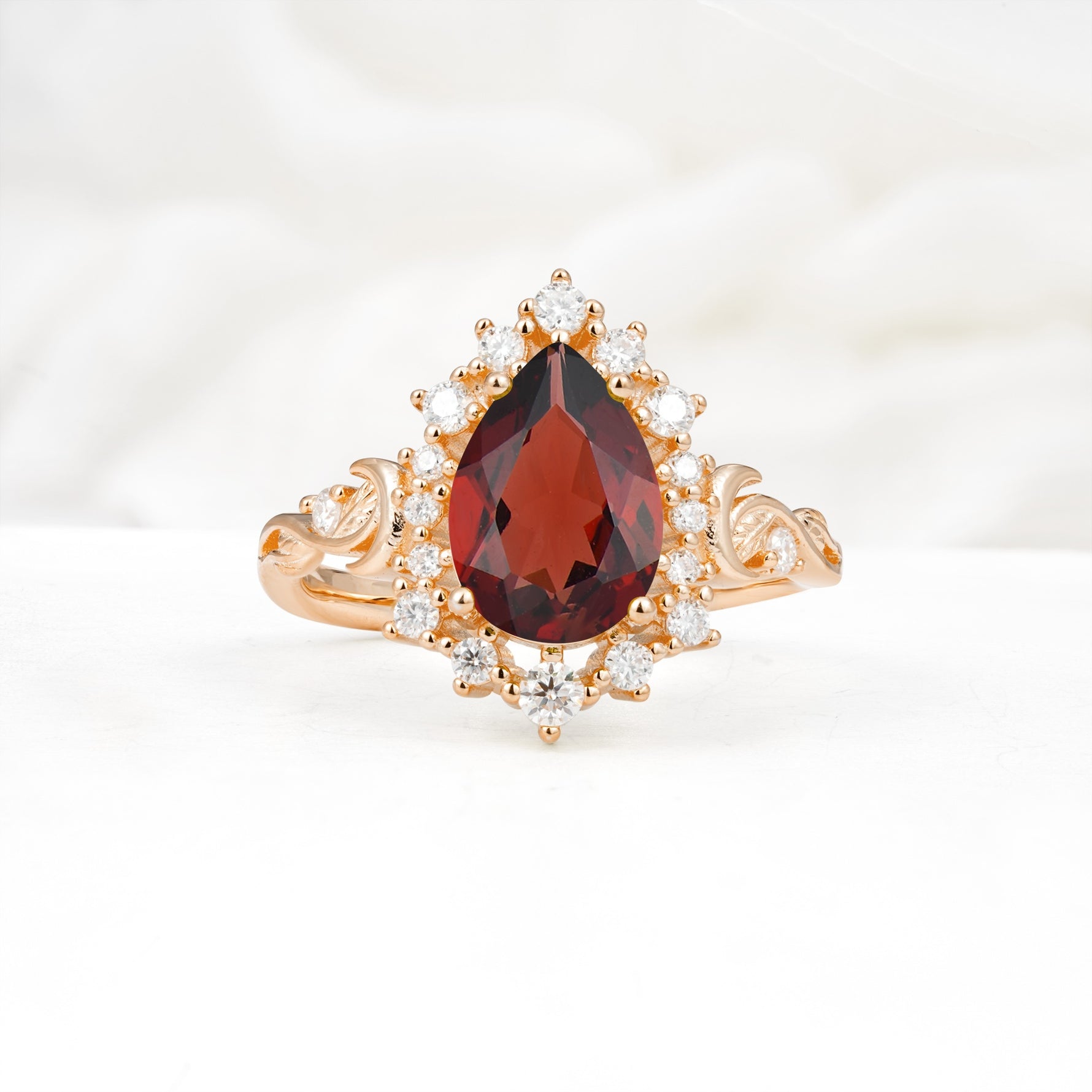 Vintage Pear Cut Halo Ornate Scroll Garnet Engagement Ring - Additional view