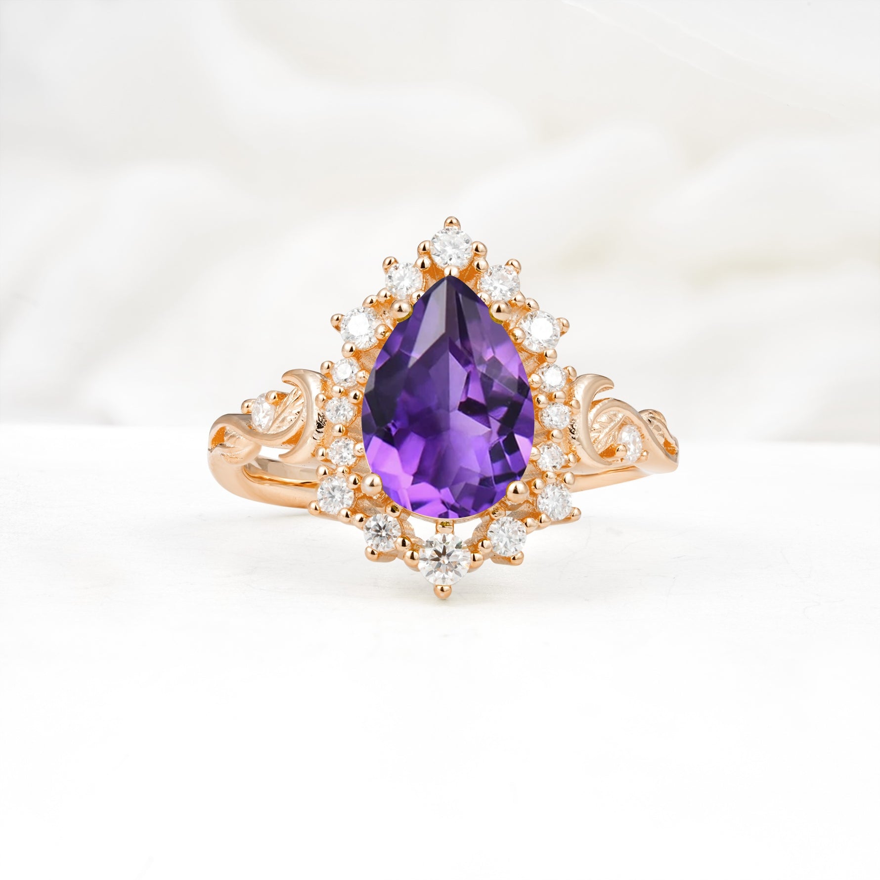 Vintage Pear Cut Halo Ornate Scroll Amethyst Engagement Ring - Additional view