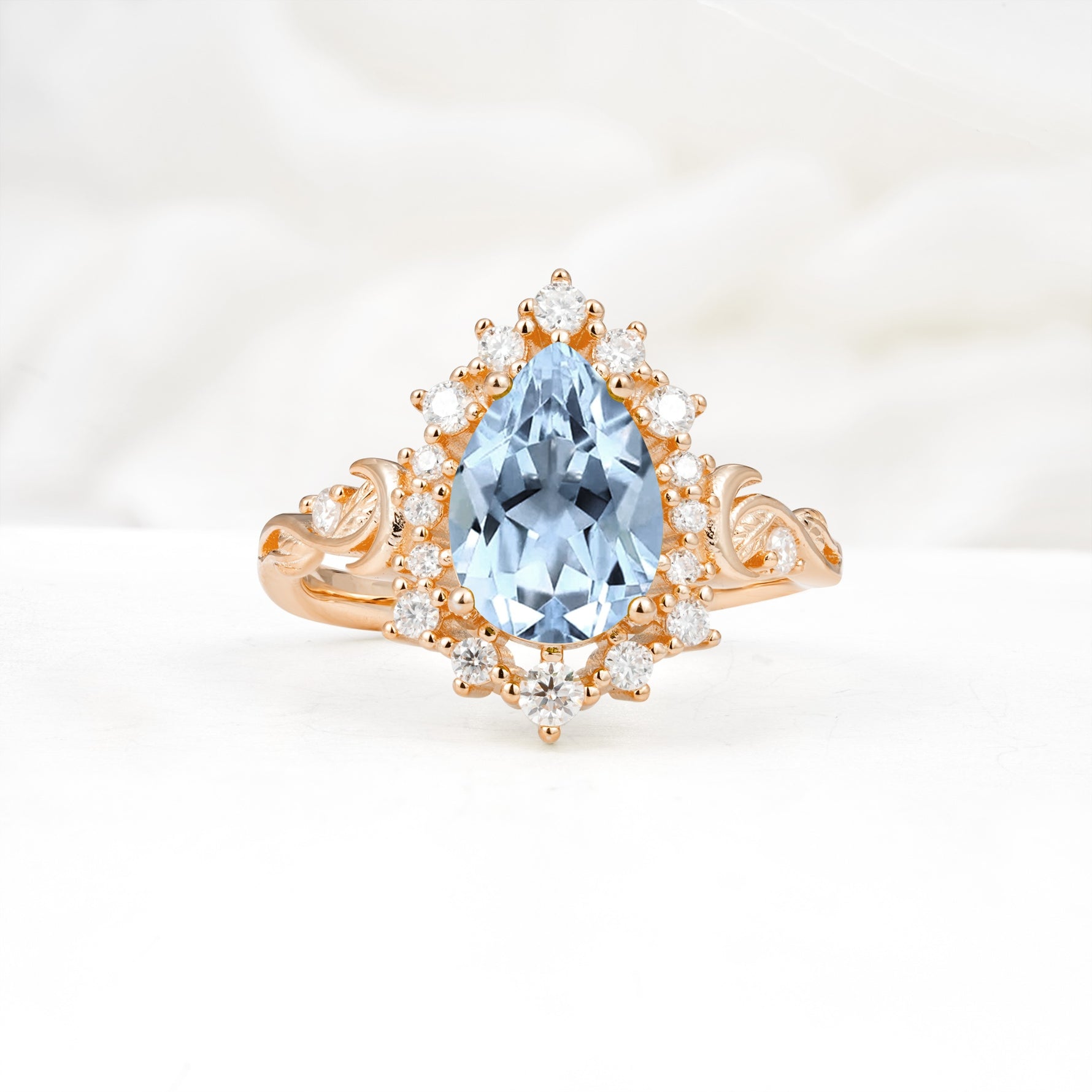 Vintage Pear Cut Halo Ornate Scroll Aquamarine Engagement Ring - Additional view