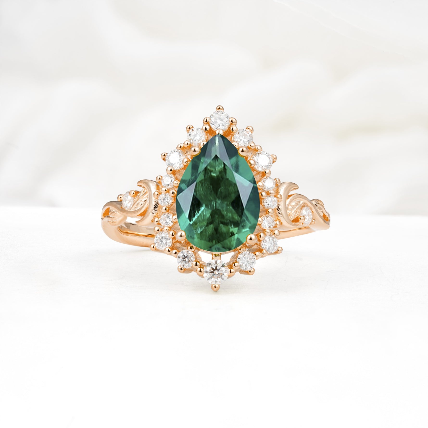 Vintage Pear Cut Halo Ornate Scroll Emerald Engagement Ring - Additional view