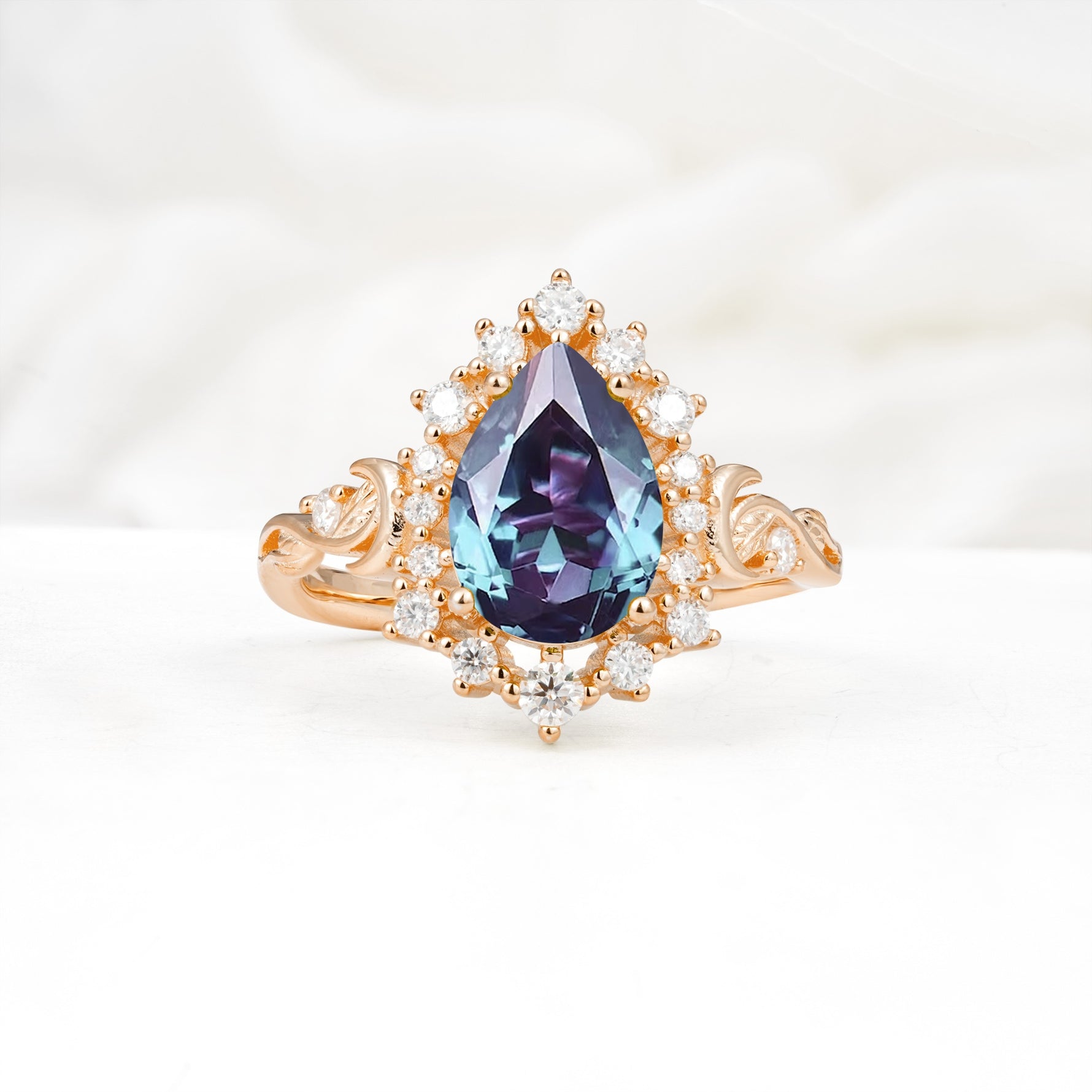 Vintage Pear Cut Halo Ornate Scroll Alexandrite Engagement Ring - Additional view