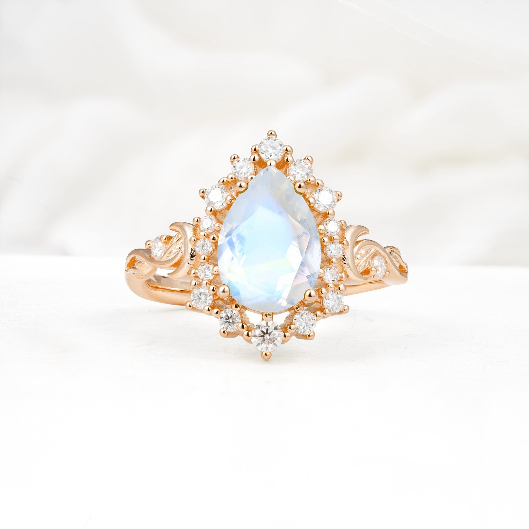 Vintage Pear Cut Halo Ornate Scroll Moonstone Engagement Ring - Additional view