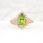 Vintage Pear Cut Halo Ornate Scroll Peridot Engagement Ring - Additional view