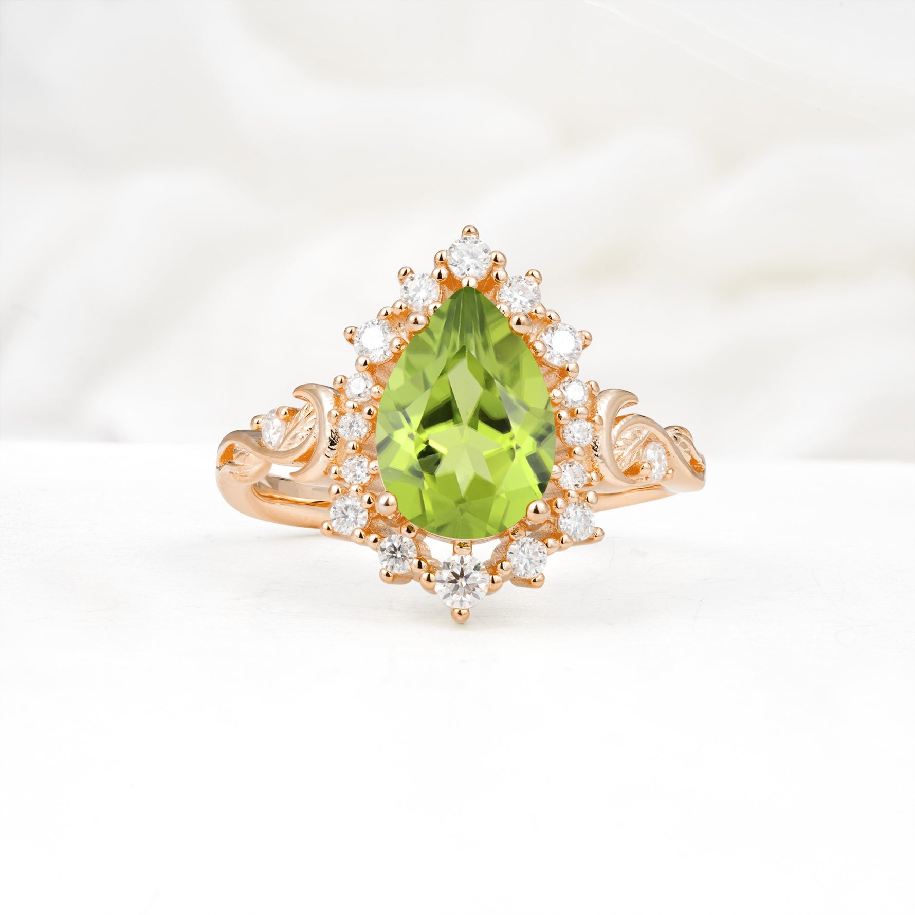 Vintage Pear Cut Halo Ornate Scroll Peridot Engagement Ring - Additional view