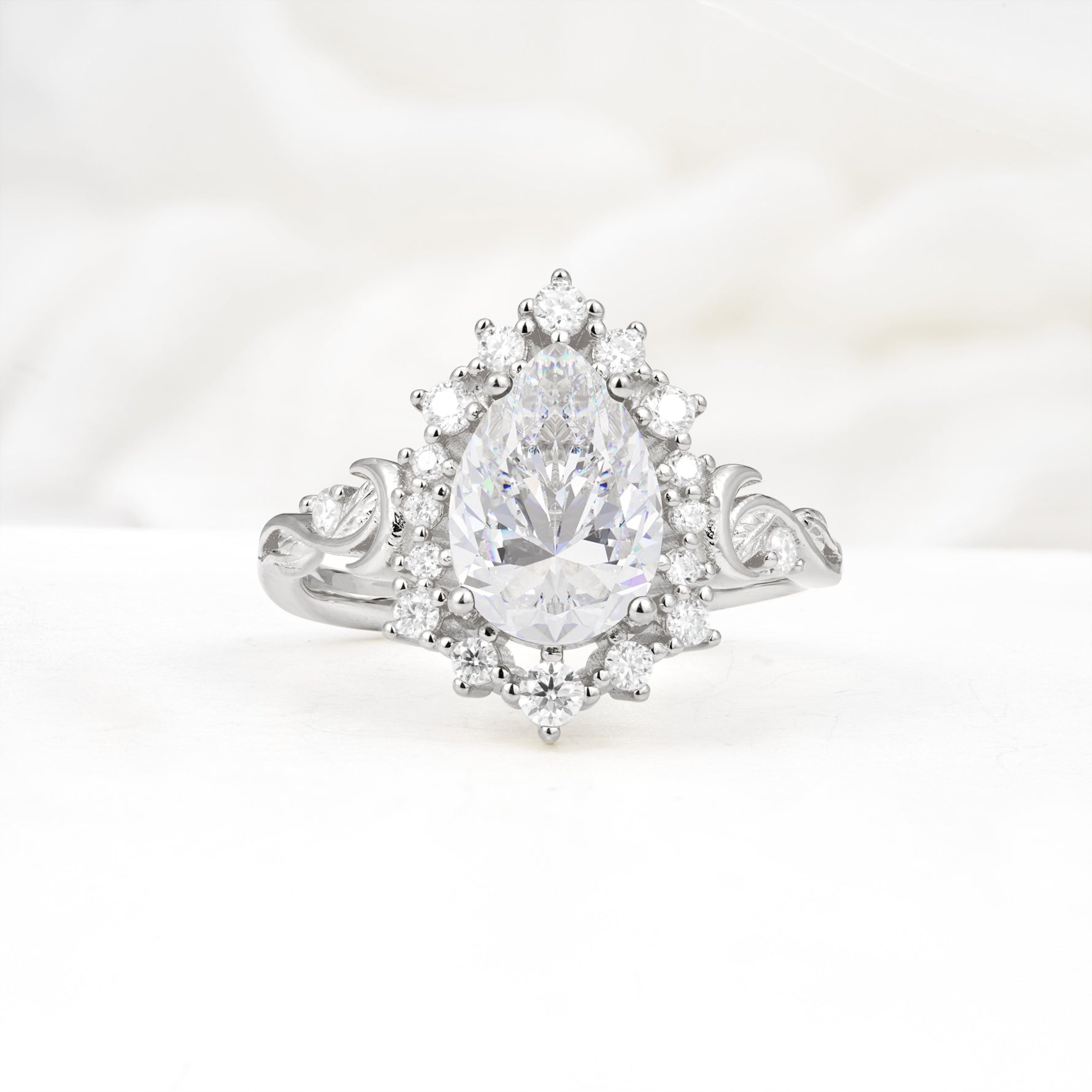 Vintage Pear Cut Halo Ornate Scroll Moissanite Engagement Ring - Additional view