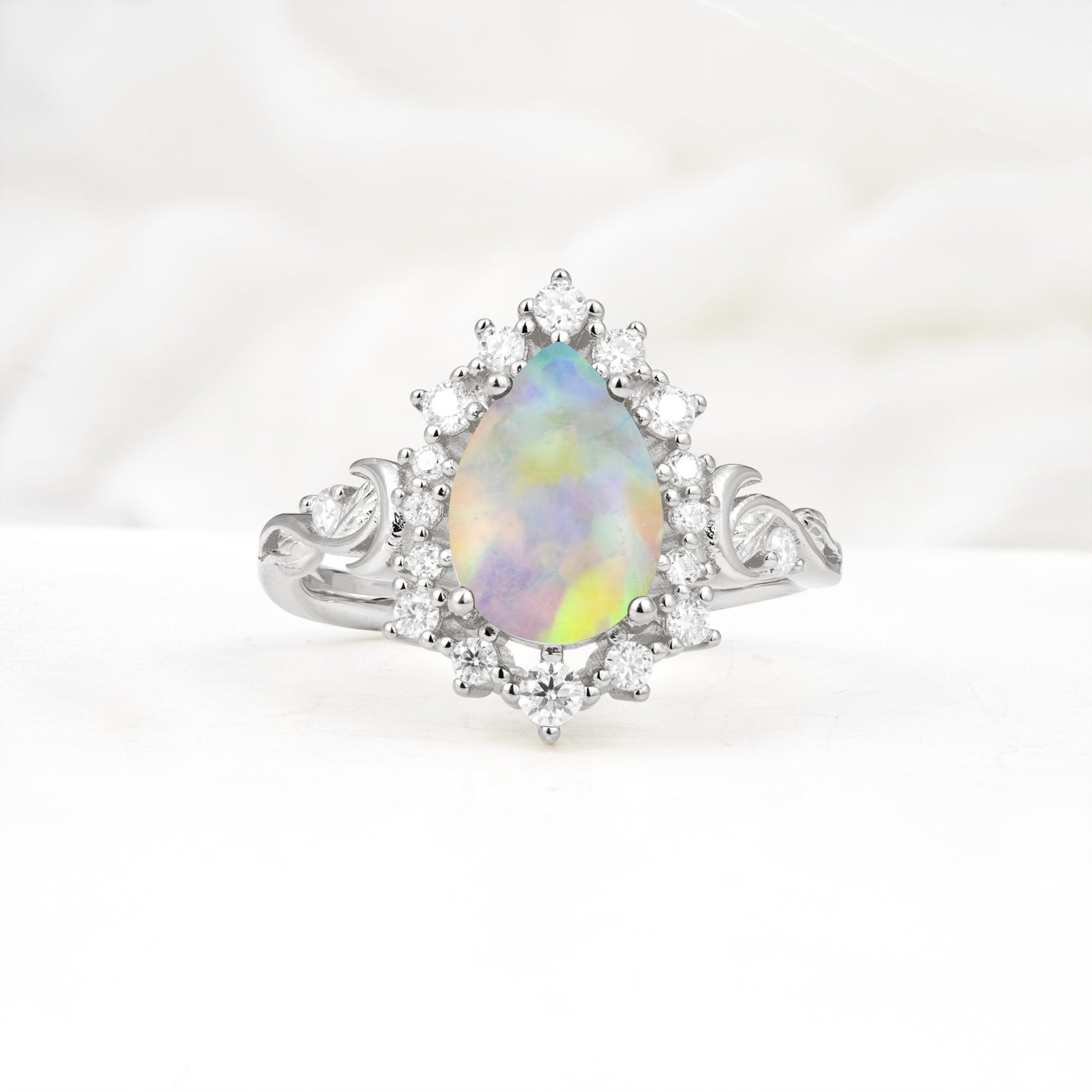 Vintage Pear Cut Halo Ornate Scroll Fire Opal Engagement Ring - Additional view