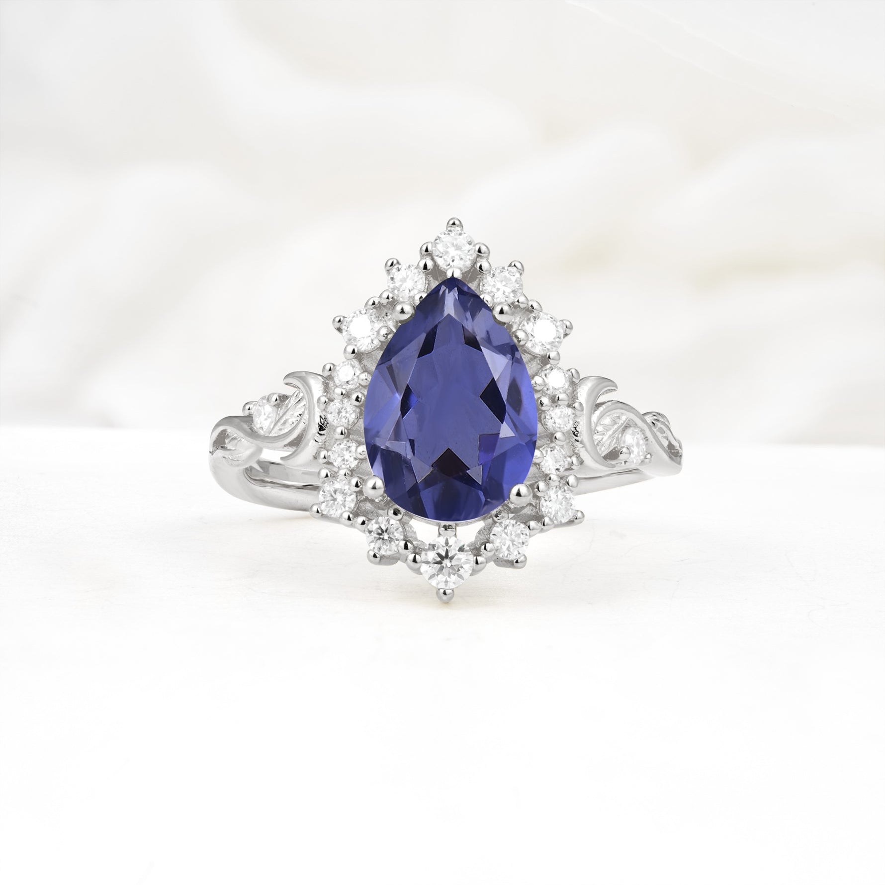 Vintage Pear Cut Halo Ornate Scroll Tanzanite Engagement Ring - Additional view