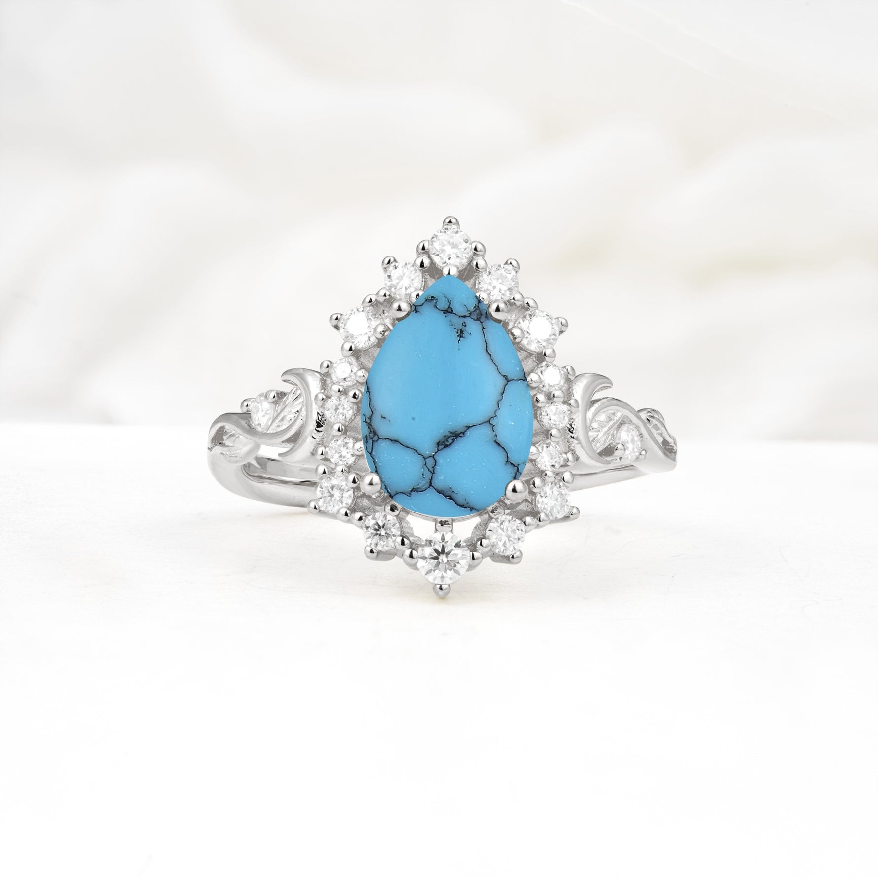 Vintage Pear Cut Halo Ornate Scroll Turquoise Engagement Ring - Additional view