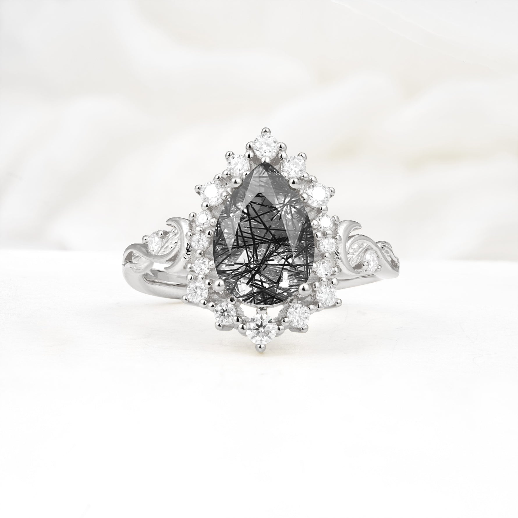 Vintage Pear Cut Halo Ornate Scroll Black Rutilated Quartz Engagement Ring - Additional view