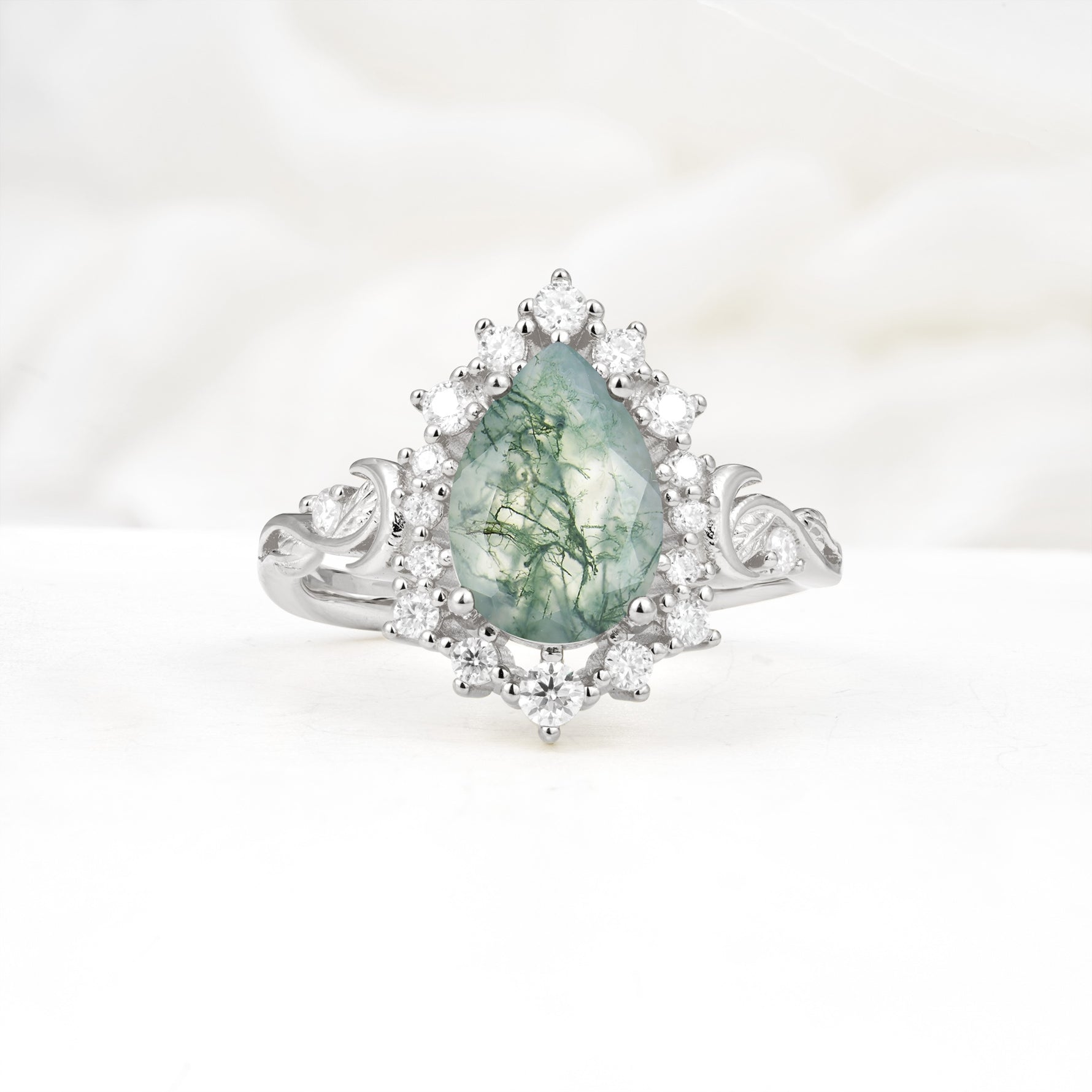 Vintage Pear Cut Halo Ornate Scroll Moss Agate Engagement Ring - Additional view