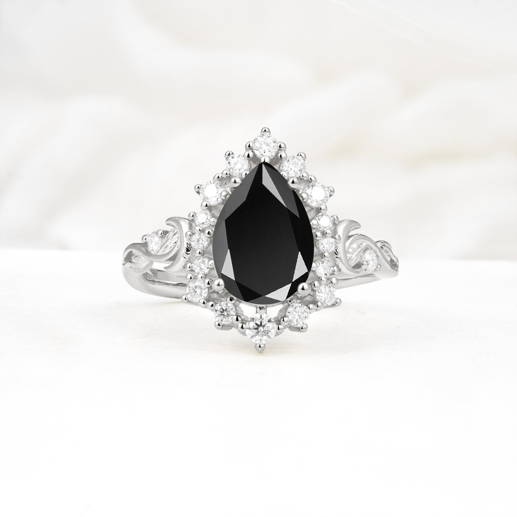 Vintage Pear Cut Halo Ornate Scroll Black Onyx Engagement Ring - Additional view