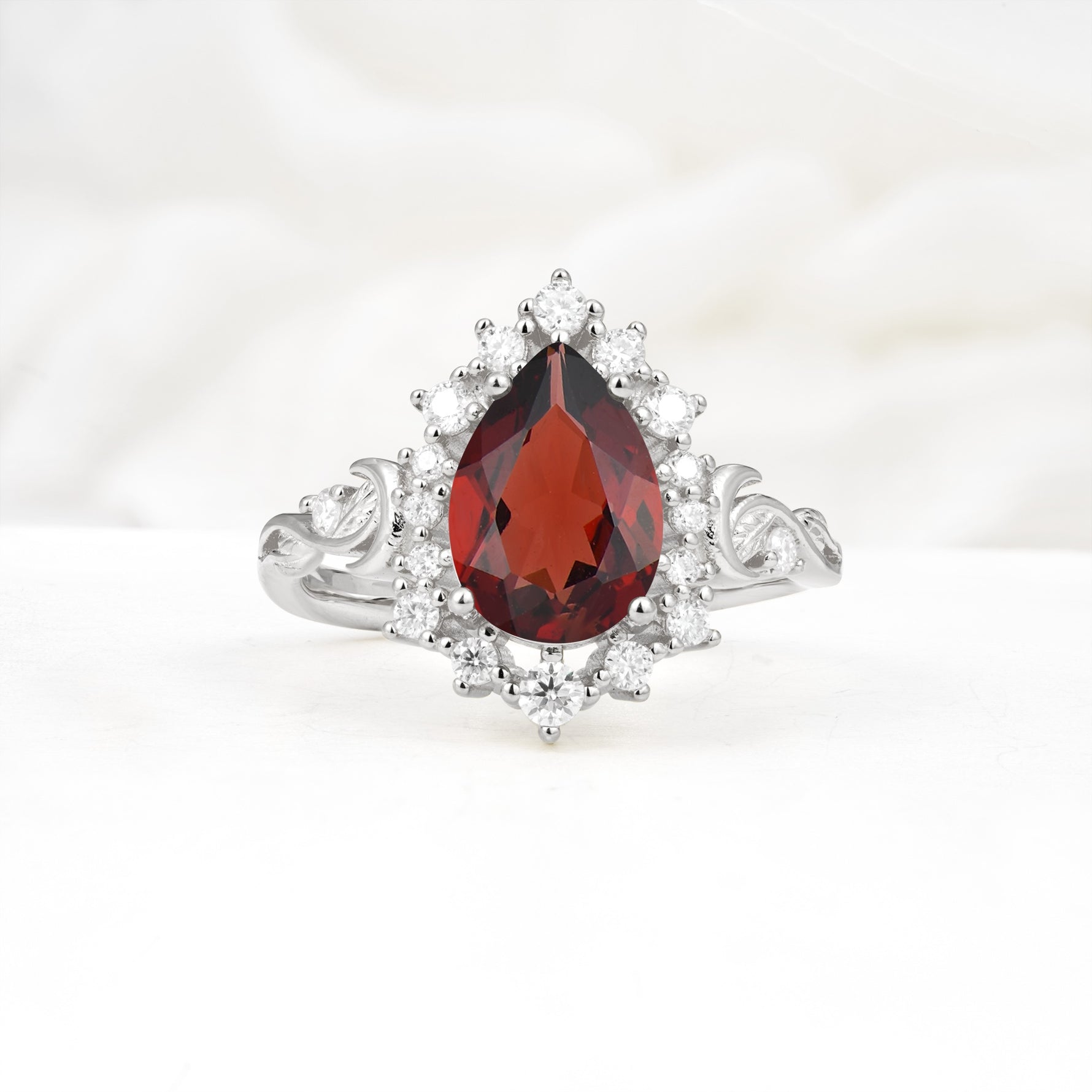Vintage Pear Cut Halo Ornate Scroll Garnet Engagement Ring - Additional view